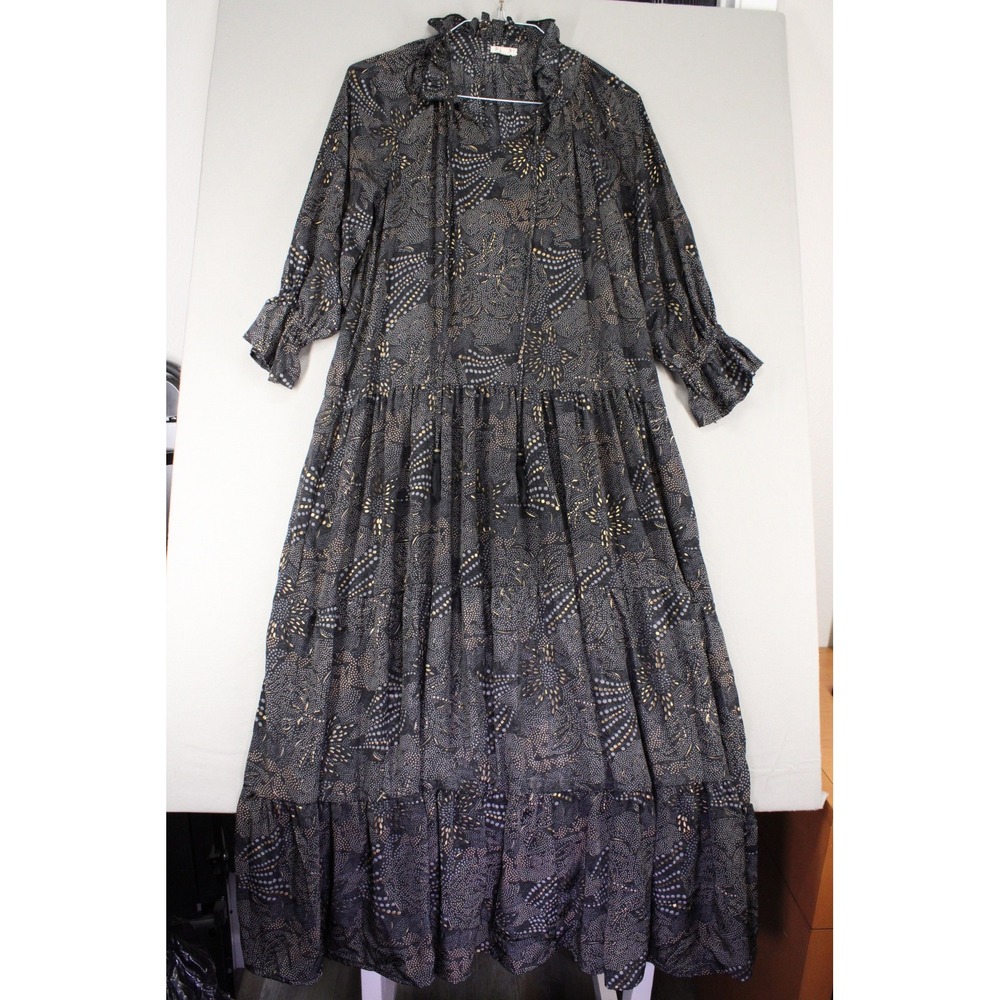 Paani Womens Black Gold Metallic Dot Tiered Maxi Dress Long Sleeve Ruffle Neck S